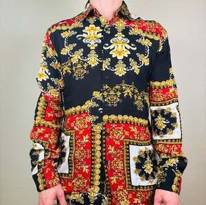 Forever 21 Floral Gold Button Down Long Sleeve Shirt Mens Small Colorful NWOT
